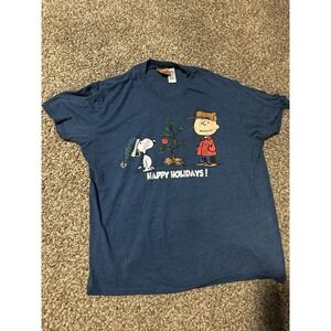 Vtg Peanuts Adult L Blue T Shirt Snoopy Charlie Brown Xmas Tree Happy Holidays